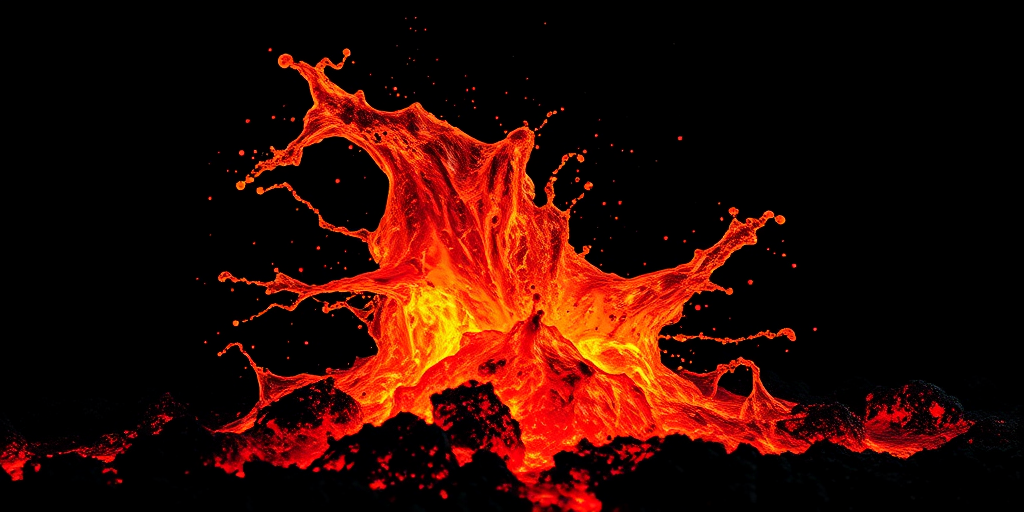 Generate a hyper-realistic image of molten lava splashing against a black background using a Canon EOS 5D Mark IV, 50mm f/1.8 lens, aperture f/2.8, ISO 100, shutter speed 1/2000 sec, high dynamic range to enhance the texture and glow of the lava.