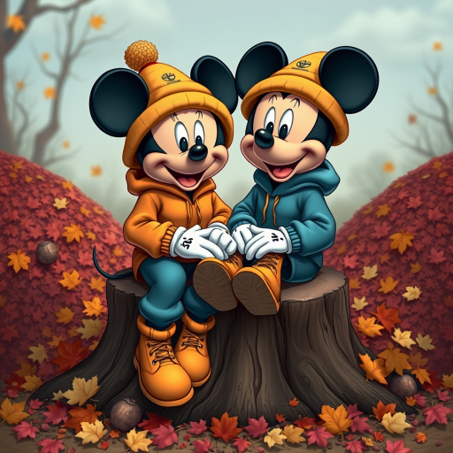 create a cartoon style of Mickey and Minnie wear Fall theme colored sweat suits with timberland boots and Bernie hats sitting together on a big tree stump surrounded by large color pile of raked leaves