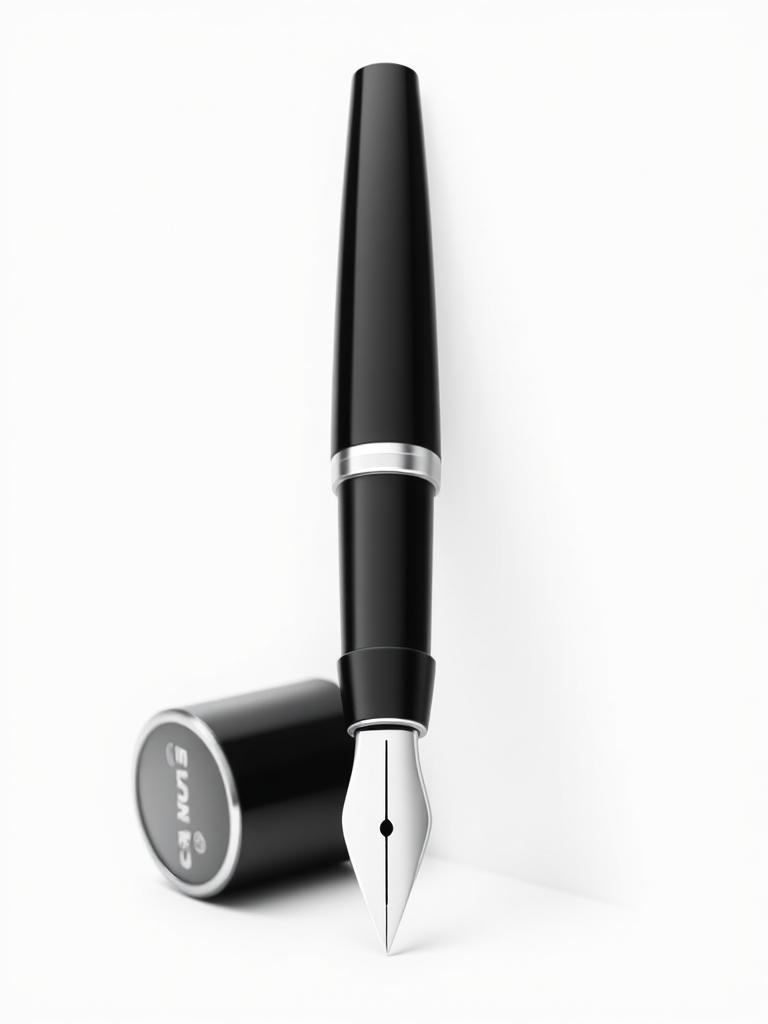 Create a high-resolution vector illustration of a sleek, modern fountain pen with a black and white color scheme, using a Canon EOS R5 camera, focal length 50mm, aperture f/1.8, ISO 100, in a studio setting with soft lighting to enhance details and contrast.