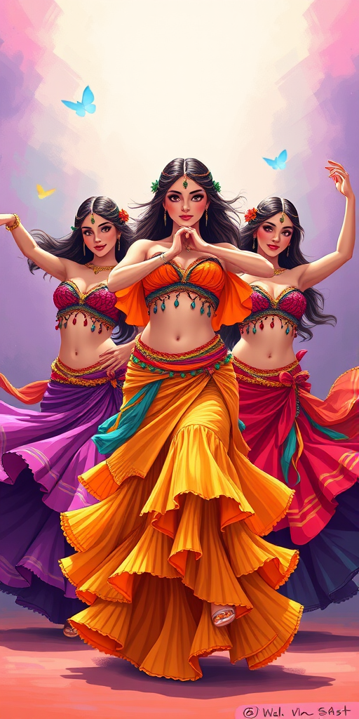 Generate a vibrant illustration of three belly dancers in colorful outfits, captured from a frontal view with a focus on dynamic movement, using a digital art style, high resolution, soft lighting, f-stop 2.8, ISO 100, shutter speed 1/250s.