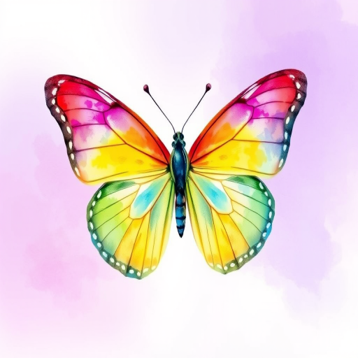 Create a vibrant watercolor illustration of a butterfly on a soft purple gradient background, utilizing a Canon EOS R5 with a 50mm lens, aperture set to f/1.8, ISO 100, and a shutter speed of 1/200s for enhanced detail and color depth.