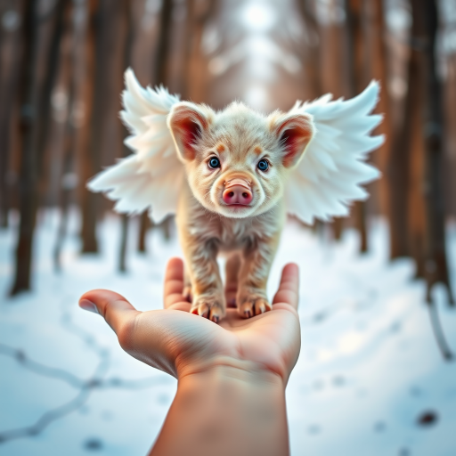 A small, pig with angelic wings standing on a human hand. The cub has a soft, fluffy texture with detailed fur, expressive blue eyes, and a curious expression. The wings are large and feathery, blending seamlessly with its fur, giving an ethereal appearance. The background is a winter forest, with the ground covered in snow and blurred brown trees, creating a serene atmosphere. The human hand in the foreground is positioned palm-up, supporting the lion cub gently, fingers slightly curled. The lighting is soft and diffused, enhancing the tender and magical feel of the scene. Colors are predominantly neutral with white, cream, and soft browns, contrasting with the subtle blue of the lion cub's eyes. The overall composition is balanced, with the cub at the center, creating a focal point that draws the viewer's attention immediately.