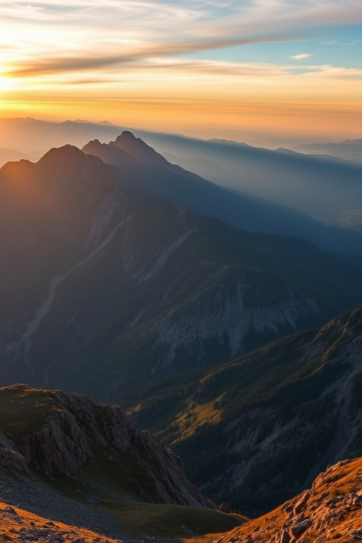 mountain landscape at sunrise with peaks and valleys, captured with a Canon EOS R5, 24mm lens, f/8 aperture, ISO 100, 1/200s shutter speed, HDR style, wide-angle view for enhanced depth and clarity