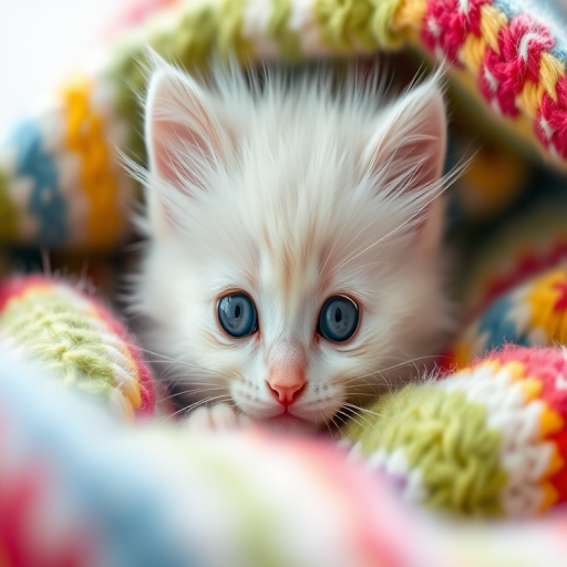 Create a high-resolution image of a fluffy white kitten with striking blue eyes peeking out from a colorful, soft blanket, using a Canon EOS 5D Mark IV, 50mm f/1.8 lens, aperture f/2.8, ISO 100, natural light, shallow depth of field.