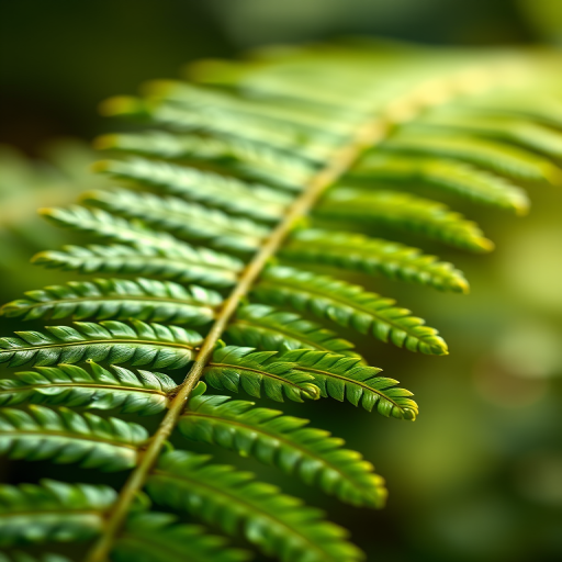 Create a highly detailed illustration of a fern leaf, using a macro lens at f/2.8 aperture, ISO 100, with a shallow depth of field, shot in soft natural lighting, capturing the intricate textures and vibrant green color of the leaf against a softly blurred background.