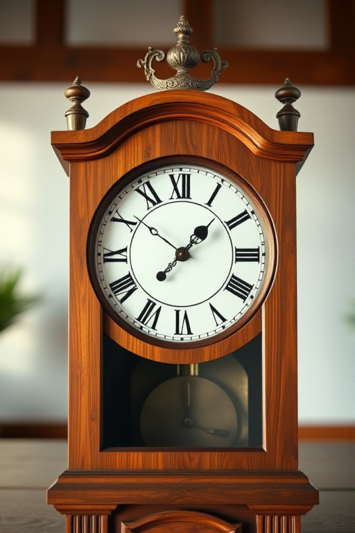Regenerate an image of an antique wooden clock with Roman numerals, using a DSLR camera with a 50mm lens at f/1.8, ISO 100, shutter speed 1/60s, in a soft natural light setting, focused on the clock's intricate details in a studio environment.