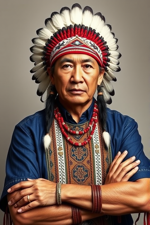 Create a dignified portrait of a Native American man dressed in traditional attire. He wears a beautifully crafted headdress adorned with white feathers and red beads, along with a beaded headband featuring intricate patterns. His clothing includes a deep blue, patterned shirt and a traditional chest piece with detailed beadwork. His arms are crossed, displaying leather armbands decorated with feathers. The background is simple and neutral, emphasizing his proud and stoic expression. The overall image captures the rich cultural heritage and strength of his persona.