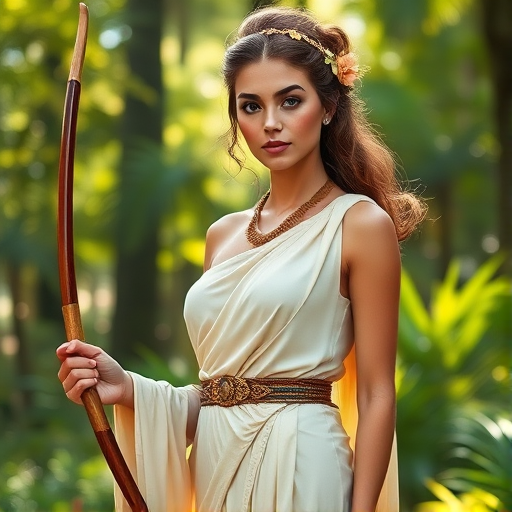 Create a portrait of a goddess-like Inca girl figure in a tranquil, forested environment. She has an elegant appearance with long, wavy hair styled in an updo and adorned with a delicate, floral headband. She wears a flowing, ancient Greek-inspired gown in a soft, pale color, featuring a one-shoulder design and draped fabric that accentuates her graceful form. The outfit includes a decorative belt with ornate gold detailing, and she holds a bow in her hand, with a quiver of arrows slung over her shoulder. The background depicts lush greenery, with sunlight filtering through the trees, casting a gentle, ethereal light on the scene. Her expression is calm and contemplative, embodying a sense of wisdom and serenity.