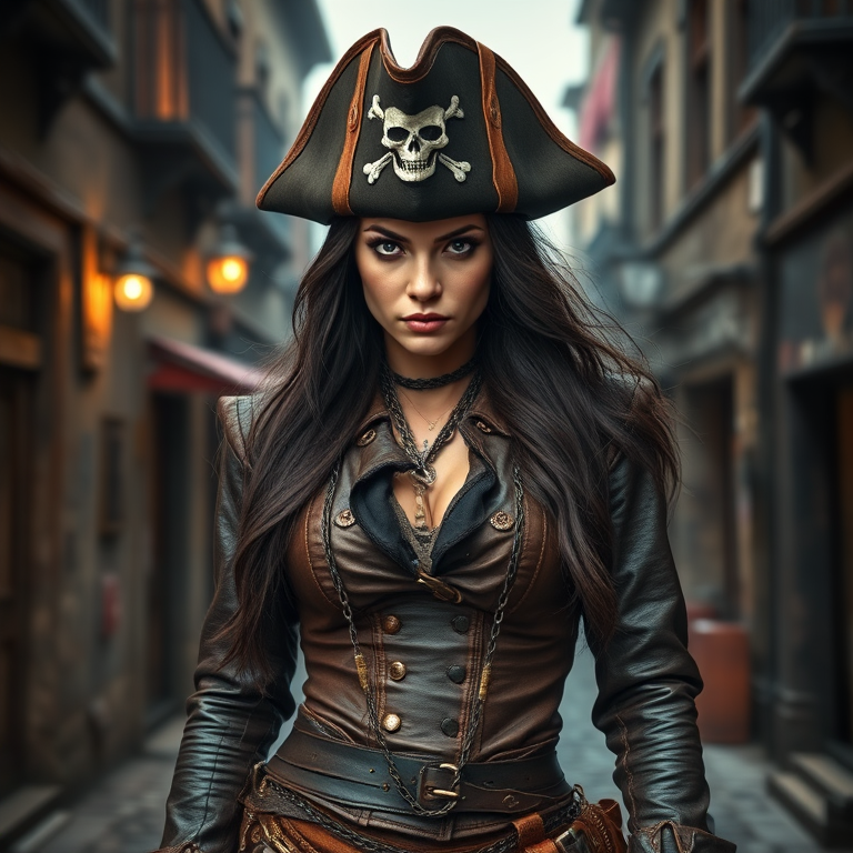 Create a portrait of a fierce female pirate. She wears a leather tricorn hat adorned with a skull and crossbones emblem, and her long, dark hair flows around her face. Her outfit consists of a richly detailed leather jacket, a corset, and multiple layers of belts and accessories, giving her a formidable and stylish appearance. She stands confidently in a dimly lit, historic port town, with a backdrop of weathered buildings and cobblestone streets, capturing the adventurous spirit of a pirate.
