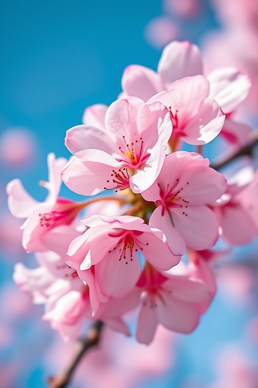 regenerate a close-up image of cherry blossoms against a blue sky with a shallow depth of field, using a DSLR camera with a 50mm lens at f/1.8, ISO 100, and a shutter speed of 1/250s, focusing on the delicate pink petals and their intricate details.