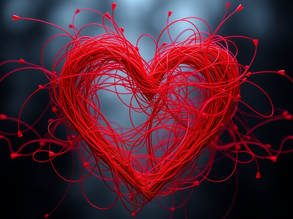 create a vibrant, chaotic red heart shape with tangled lines, high resolution, 50mm lens, aperture f/1.8, ISO 100, soft focus, taken from a slightly angled view using a DSLR camera