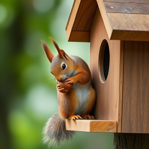 squirrel eating a nut on a wooden birdhouse with a blurred tree background, taken with a Canon EOS 5D Mark IV, 85mm lens, f/2.8, ISO 400, 1/250s, soft focus background, natural light