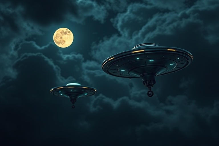 Create a high-resolution image of two futuristic UFOs flying through a cloudy night sky with a glowing moon in the background, using a DSLR camera with a 50mm lens, aperture set to f/1.8, ISO 400, and a shutter speed of 1/100s for enhanced clarity and depth.