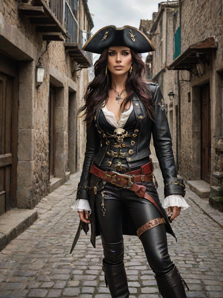 Create a portrait of a fierce female pirate. She wears a leather tricorn hat adorned with a skull and crossbones emblem, and her long, dark hair flows around her face. Her outfit consists of a richly detailed leather jacket, a corset, and multiple layers of belts and accessories, giving her a formidable and stylish appearance. She stands confidently in a dimly lit, historic port town, with a backdrop of weathered buildings and cobblestone streets, capturing the adventurous spirit of a pirate.