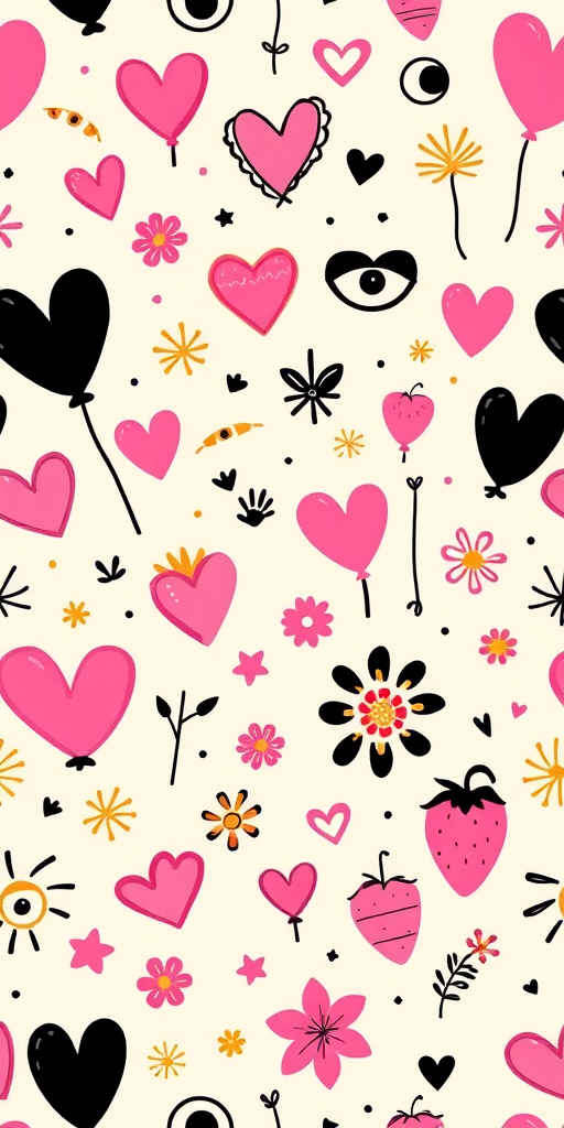 Create a seamless pattern featuring whimsical doodles of hearts, eyes, balloons, flowers, and strawberries in a playful color palette of pink, gold, and black on a cream background, captured with a Canon EOS R5 at f/4, ISO 100, 24mm focal length, top-down view in flat lay style for a vibrant and detailed texture.