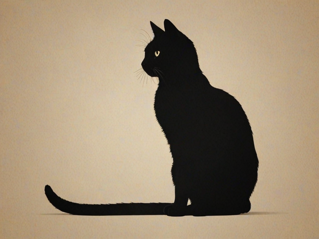 Create an image of a simple black silhouette of a cat sitting upright with its tail curled around its body.