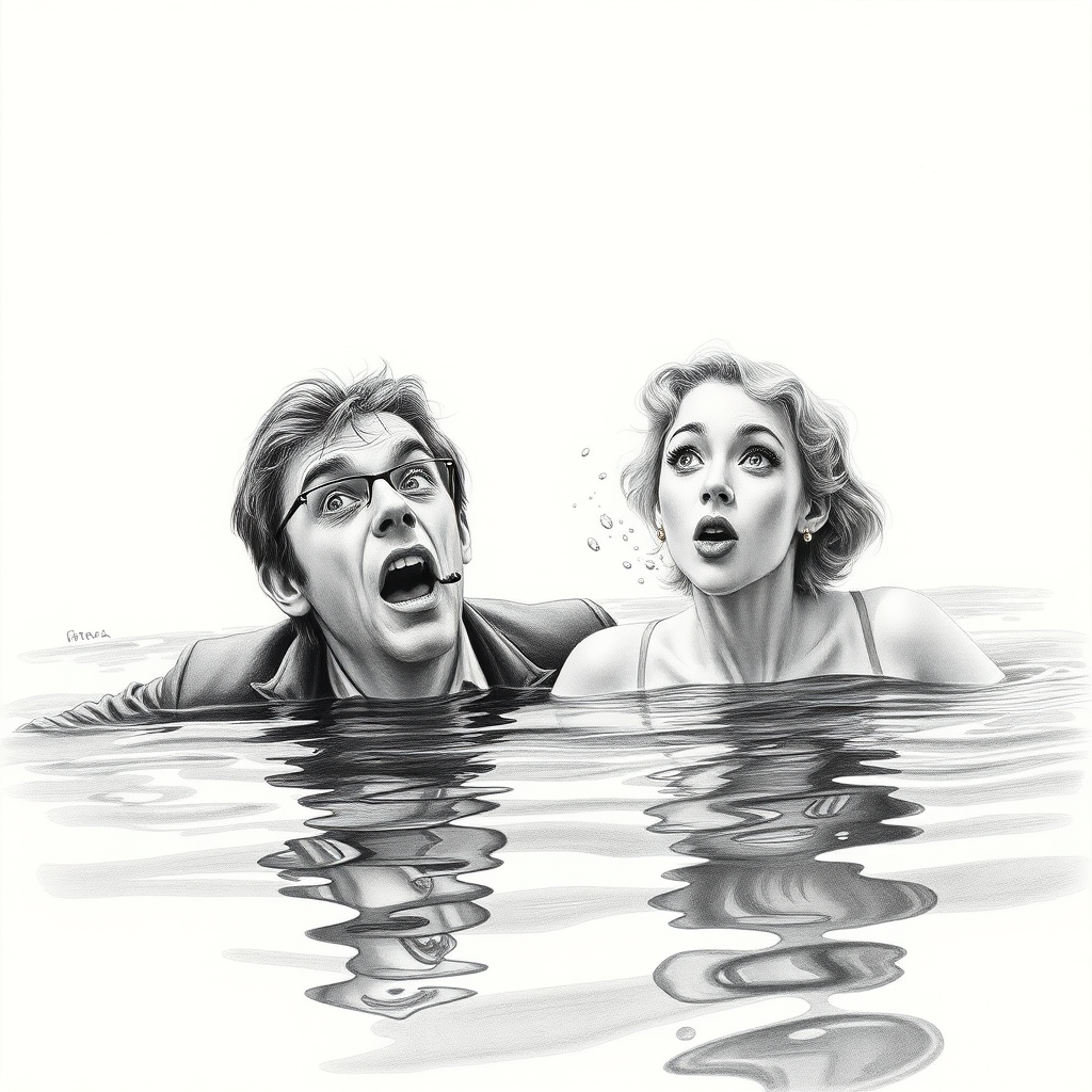 A hyperdetailed photorealistic black and white pencil sketch recreating the iconic scene at the end of Titanic with Jack and Rose floating in the water, only show them making exaggerated funny faces at the camera. Show Rose spitting water at the camera.