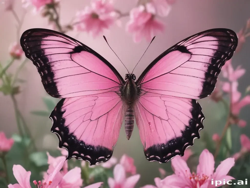 A Beautiful Pink Butterfly Spreading Its Wings Among Delicate Flowers.