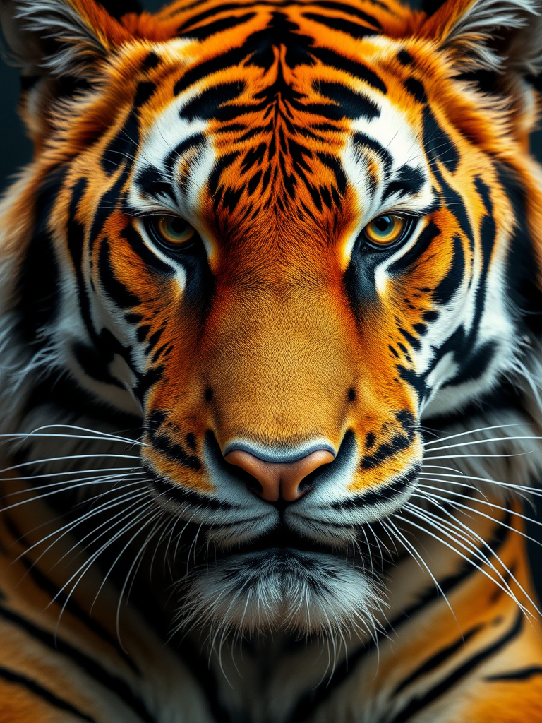 Regenerate a hyper-realistic close-up portrait of a tiger with vibrant colors and intricate details, 50mm lens, f/1.8 aperture, 1/200s shutter speed, ISO 100, soft studio lighting, captured with a DSLR camera.