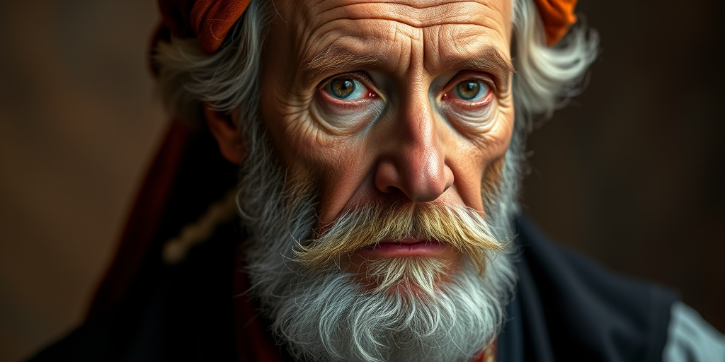 regenerate an artistic portrait of a historical figure, using a Canon EOS R5 camera with an 85mm lens, f/1.8 aperture, ISO 100, 1/125s shutter speed, front view, soft focus background for depth enhancement and warm color tones