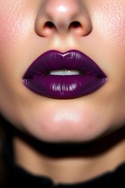 Deep purple lips with a satin finish, showcasing a bold and dramatic look, perfect for making a statement at an avant-garde fashion event
