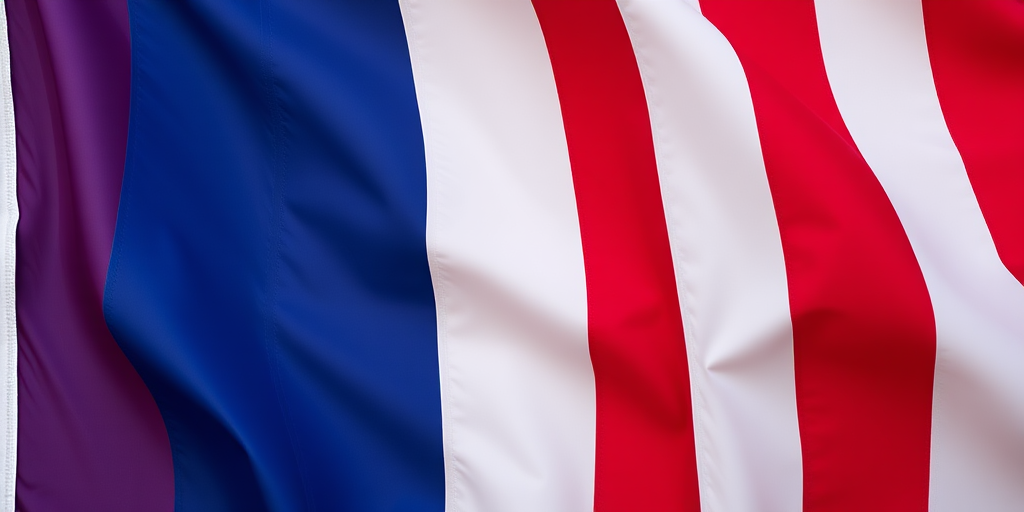 Create an image of a flag featuring vertical stripes of blue, white, and red, captured with a Canon EOS R5, 50mm f/1.2 lens, ISO 100, f/8 aperture, and a shallow depth of field for enhanced clarity and vibrancy.