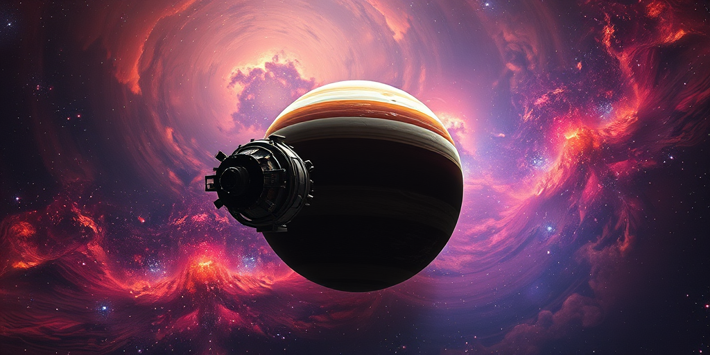Create a highly detailed image of a spacecraft resembling New Horizons exploring a distant planet in a vibrant galaxy, set against a backdrop of swirling cosmic clouds and stars, using a 50mm lens, f/8 aperture, ISO 100, shot with a full-frame DSLR from a low-angle perspective to emphasize the spacecraft against the planet.