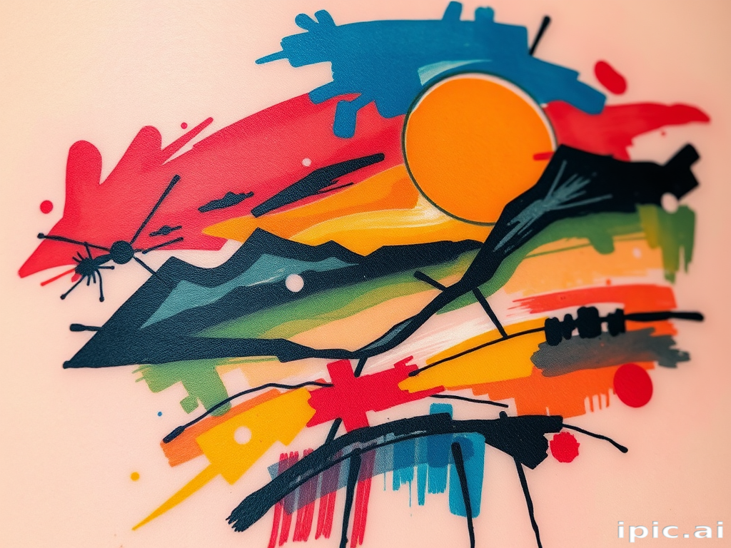 Abstract expressionist tattoo piece titled "Emotional Landscape" using bold brushstrokes and vivid colors to create a non-representational design that evokes strong emotions and personal interpretations
