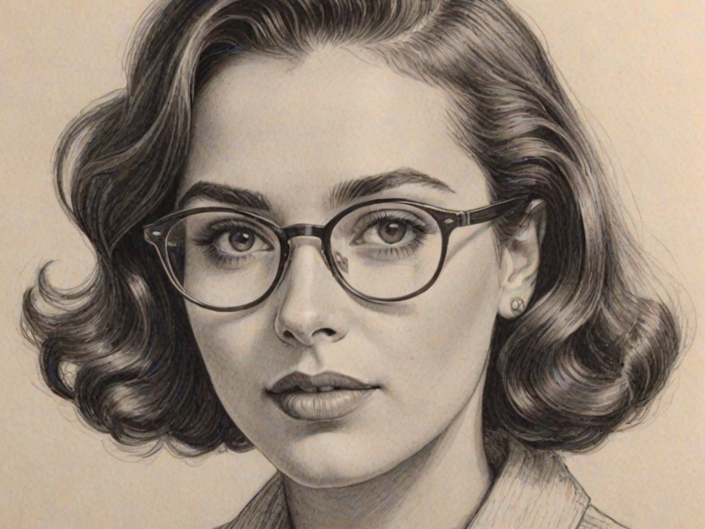 Captivating Sophia Taylor Ali, pencil sketch, portrait of Fascinating woman 1952s in glasses, hair style beatnik, outline, clear lines, fine lines, 8k