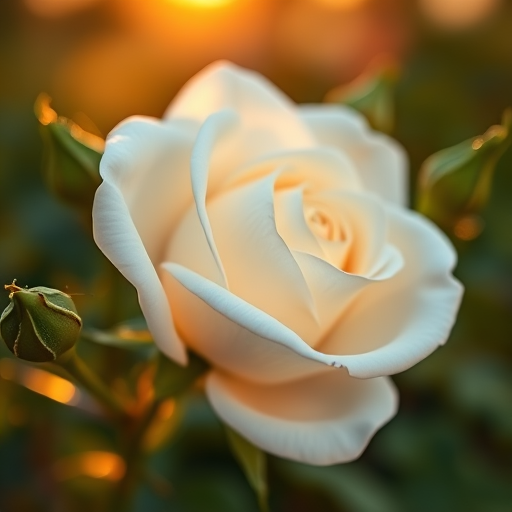 A close-up of a white rose with soft petals surrounded by green buds, captured in natural light at golden hour, using a DSLR camera with a 50mm lens, aperture set to f/1.8, ISO 100, and a shallow depth of field for a blurred background effect.