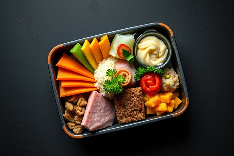 Regenerate an image of a beautifully arranged bento box with various colorful dishes, shot with a DSLR camera at f/2.8 aperture, ISO 100, 50mm lens, top-down view, using natural light for enhanced clarity and sharpness on a dark surface.