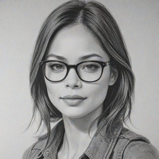 Beauteous Kristin Kreuk, pencil sketch, portrait of Dazzling woman 1923s in glasses, hair style beatnik, outline, clear lines, fine lines, 8k