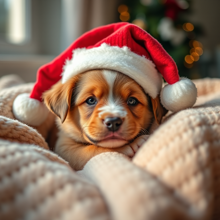 A cute puppy wearing a Christmas hat lounging on a soft blanket, natural window light, 50mm lens, aperture f/1.8, ISO 200, shallow depth of field, DSLR camera, close-up shot.