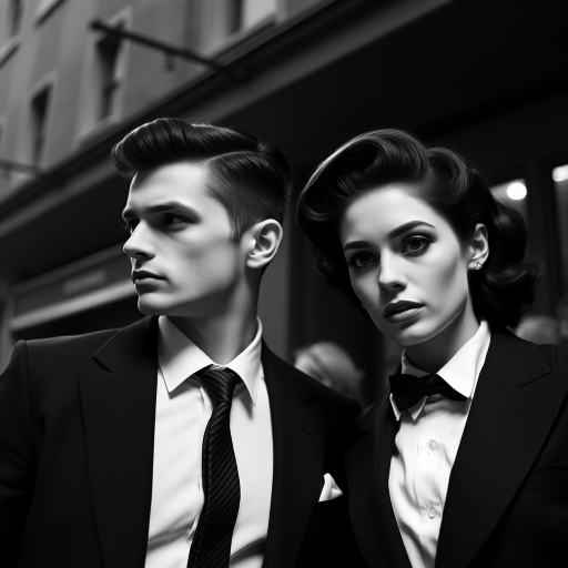 Black-and-white photograph, couple, tailored suits, retro hairstyles, film noir style, Tilt the camera for a dynamic Dutch angle using a versatile 24-70mm lens
