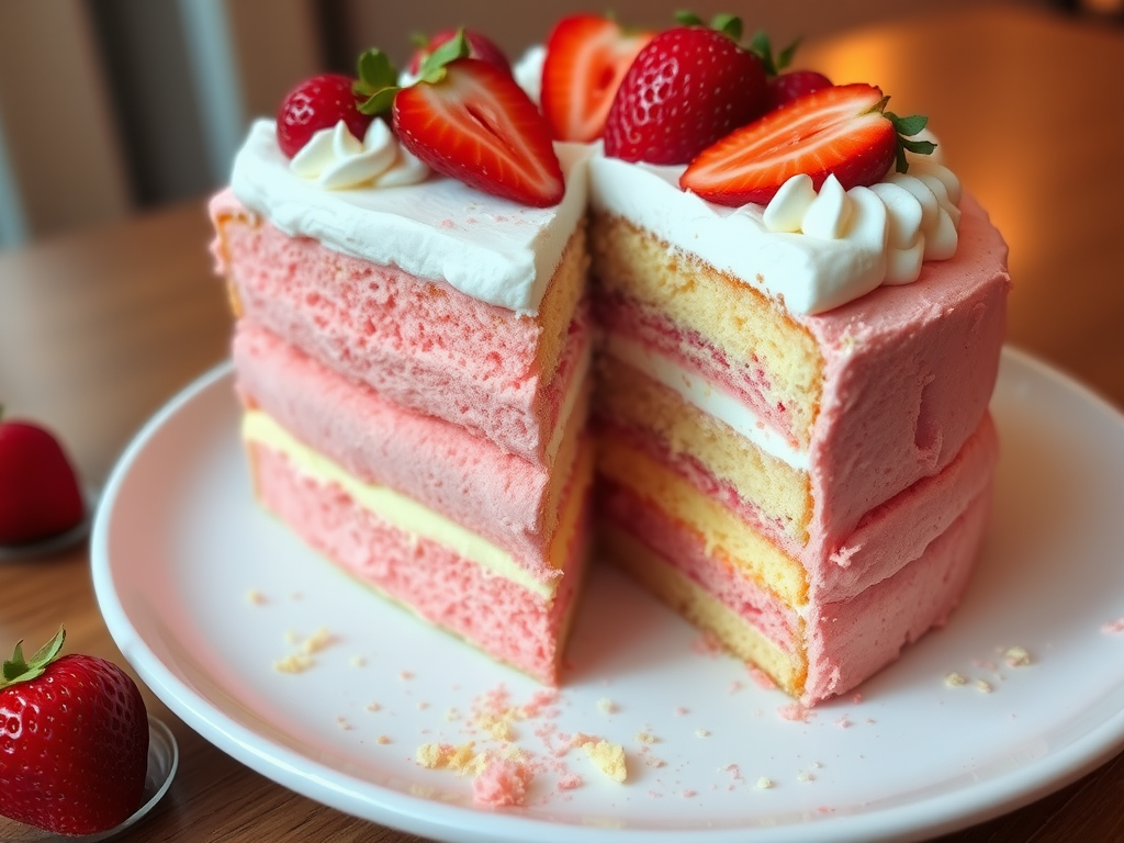 A delicious layered cake with pink and yellow sponge cake, topped with whipped cream and fresh strawberries, with crumbs scattered around on a white plate. The cake has a slice taken out, revealing its layers inside, and there is a warm light in the background.