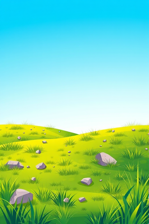 Create a vibrant cartoon-style illustration of a grassy landscape with a clear blue sky, featuring varied shades of green grass and a few scattered stones, captured with a wide-angle lens at f/8, ISO 100, 1/125s, using a digital SLR camera for high detail and clarity.