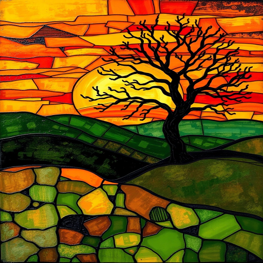 A vibrant abstract painting on Tiffany Glass, blending acrylic and alcohol ink techniques, captures a dramatic sunset over rolling hills. The artwork features a textured, rocky foreground in green and brown, layered abstract hills, and a striking sunset in rich oranges, yellows, and reds. A solitary black tree with intricate branches contrasts against the fiery sky, creating a dynamic and expressive portrayal of a breathtaking natural scene.