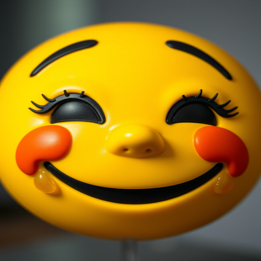 Create a vibrant yellow emoticon with large tear droplets, smiling mouth and exaggerated features, using a close-up shot, aperture f/1.8, ISO 100, 50mm lens, soft lighting and high dynamic range for enhanced colors.