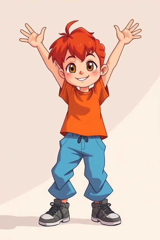 Create a cartoon character illustration featuring a girl with red hair wearing an orange shirt, blue baggy pants, and oversized gray sneakers, arms raised in a dynamic pose, with a smooth vector style, using a DSLR camera with a 50mm lens, aperture set to f/2.8, ISO 100, and soft natural lighting to enhance colors.