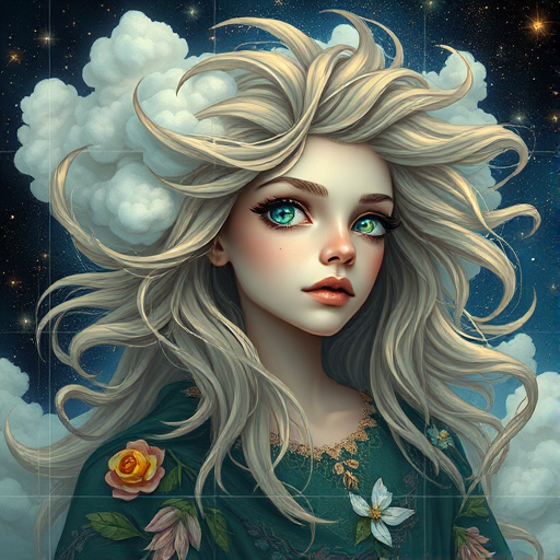 Create a series of imaginative portraits where each subject is infused with elements of fantasy and nature. The hair of the individuals should flow like clouds, varying from soft, fluffy cumulus to wispy cirrus strands, with hints of color reflecting a sunset or a clear blue sky. The eyes should be windows to entire galaxies, with stars, nebulae, and distant planets visible within them. Clothing should be adorned with nature motifs, such as floral patterns that bloom and change, vines that seem to grow and wrap around, or feathers that shimmer with iridescence. Each portrait should capture a unique personality, blending human features with the ethereal beauty of the natural and cosmic world. The backgrounds can vary, from starry night skies to enchanted forests, adding depth and context to the magical realism of the portraits