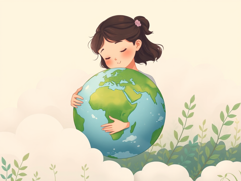 A serene illustration of a girl hugging the Earth surrounded by soft clouds and foliage, emphasize a pastel color palette, high resolution at 300 DPI, shot with a Canon EOS R5, 24mm lens, f/4 aperture, ISO 100, soft natural light.