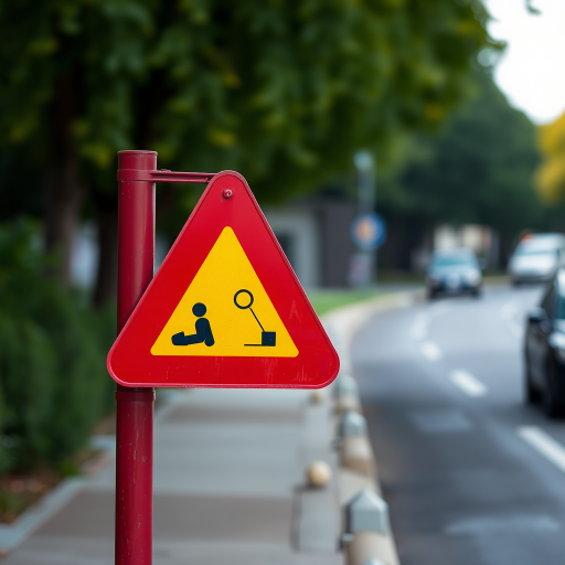 Create a high-resolution image of a red triangular warning sign featuring a sliding car icon, shot with a Canon EOS 5D Mark IV camera, using a 50mm lens at f/2.8, ISO 100, and a shutter speed of 1/250 sec, focusing on a clear, vibrant depiction with a shallow depth of field to enhance the sign's visibility against a blurred background.