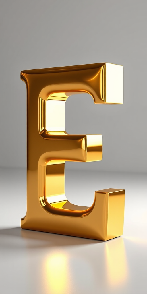 Create a high-resolution image of a 3D golden letter "E" with reflective surfaces, using a Canon EOS R5 camera, 50mm lens, f/1.8 aperture, ISO 100, in a well-lit studio setting with softbox lighting for enhanced detail and clarity.