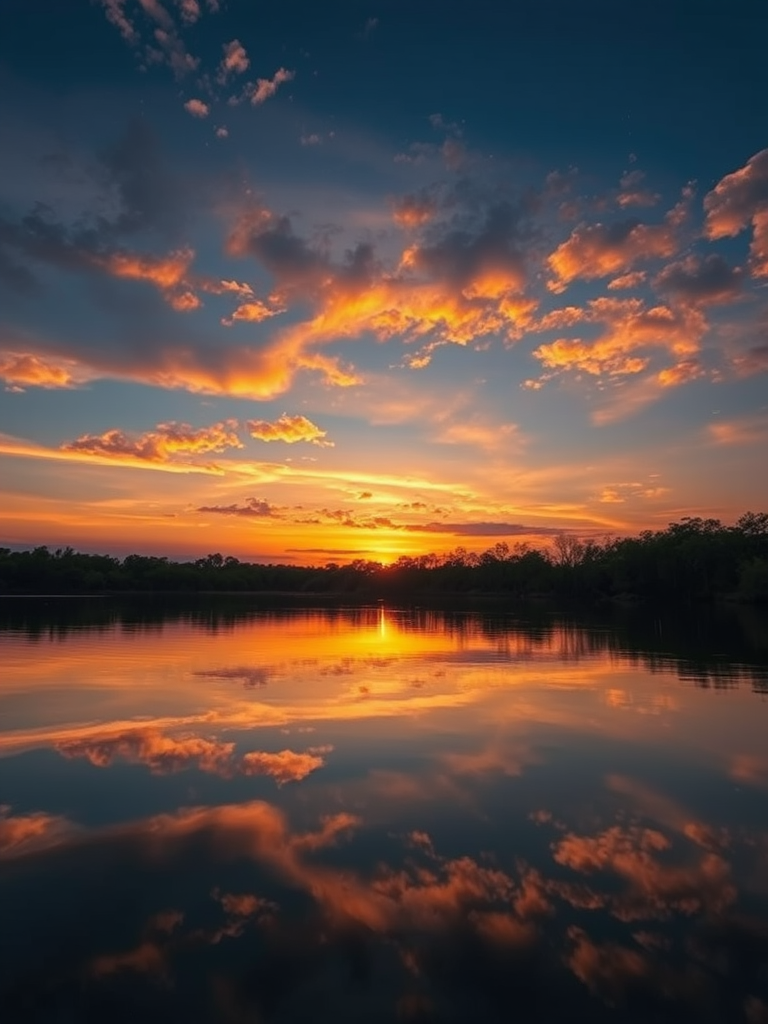 Generate a vibrant, high-resolution image of a sunset over a calm lake with reflections, captured using a Canon EOS R5, f/8 aperture, 1/125 sec shutter speed, ISO 100, landscape view, and using a wide-angle lens for depth and detail.