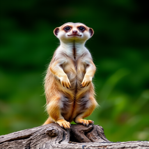 Capture a meerkat standing upright on a log with a blurred green background, use a Canon EOS 80D with a 50mm f/1.8 lens at f/2.8, ISO 200, shutter speed 1/500 sec, natural lighting, focus on the meerkat's expressive face.