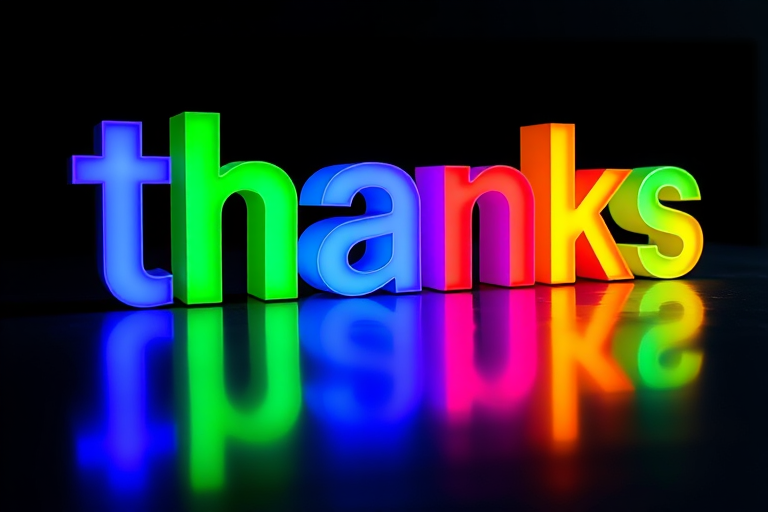 Create a 3D rendering of the word "thanks" with colorful letters in blue, purple, red, green, and yellow, illuminated on a reflective surface with a black background, using a Canon EOS 5D Mark IV, aperture f/8, ISO 100, 50mm lens, low angle view, soft diffuse lighting.