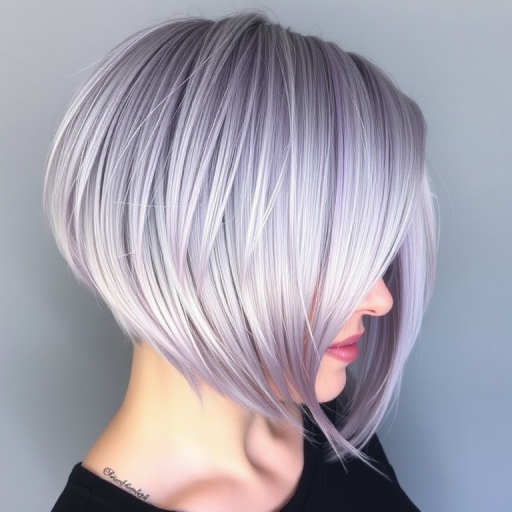 Enchanting Moonlight Silver bob cut with a blunt, chin-length finish, featuring a metallic sheen and subtle lavender undertones, parted dramatically to one side