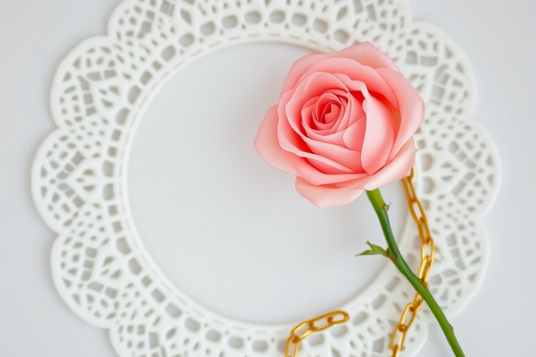 Create an image of a delicate white doily circular frame with a soft pink rose and a gold rose intertwined with a golden chain, captured with a DSLR camera at f/2.8 aperture, ISO 100, 50mm lens, natural soft lighting, top-down view, high contrast to enhance colors.
