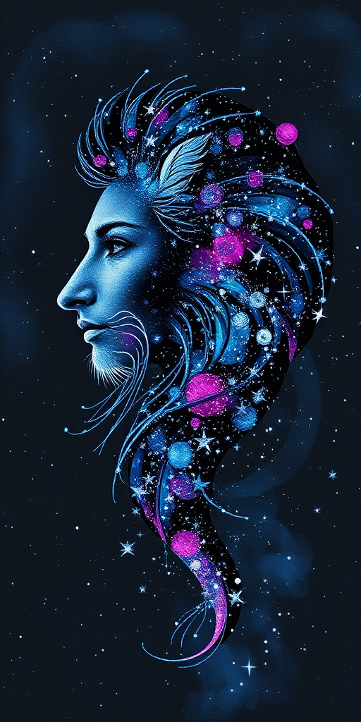 Captivating conceptual render alcohol ink art, double exposure, the paint strokes artfully merge combining a woman's full silhouette with a Joyous jellybean (fish)'s silhouette. The figures are composed of a series of colored dots, lines & spots that evoke the image of a cosmic galaxy, colors are deep shades of blue purple & black with flashes of white & silver representing distant stars. The woman's silhouette is formed within the lion's silhouette from constellations of scattered stars, surreal