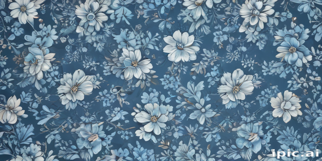 Elegant Blue Floral Pattern with Delicate White Flowers and Leaves